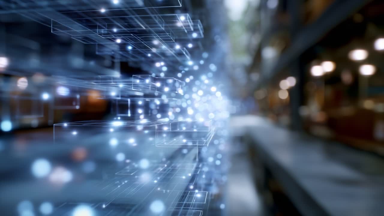 Dynamic Visualization of Digital Networks Emphasizing Data Flow Through Bright Light Particles in a Modern Environment, Representing Technological Advancements