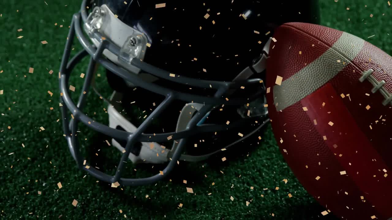 Animation of confetti falling over american football ball and helmet