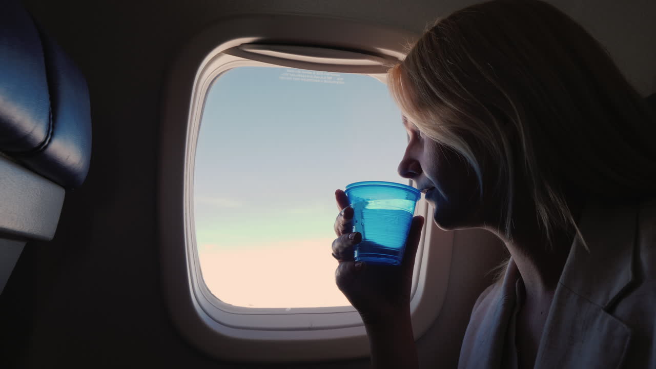 여성 여객기는 플라스틱 컵에서 물을 마신다