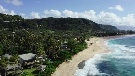aerial view of a lush tropical beach with turquoise ocean and mountains