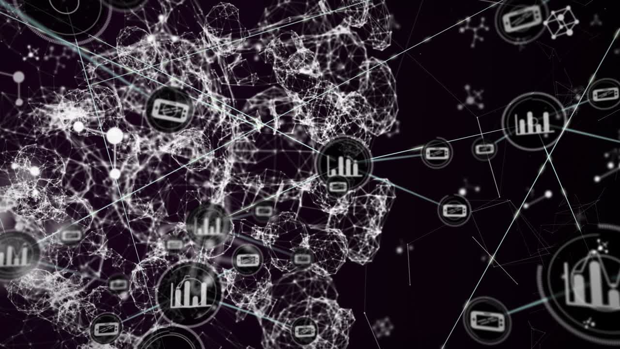 Animation of network connecting dots with graph and mobile phone icons on digital interface