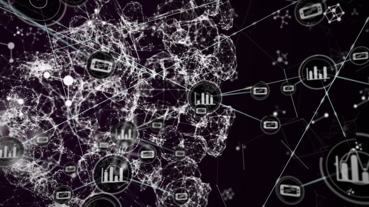 Animation of network connecting dots with graph and mobile phone icons on digital interface