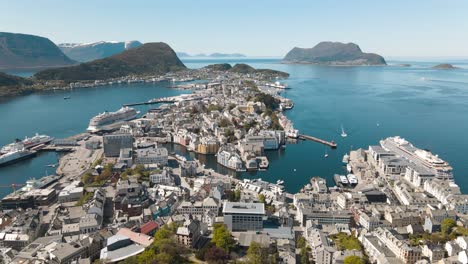 bird's eye view of alesund port town on the west coast of norway, at the entrance to the geirangerfjord