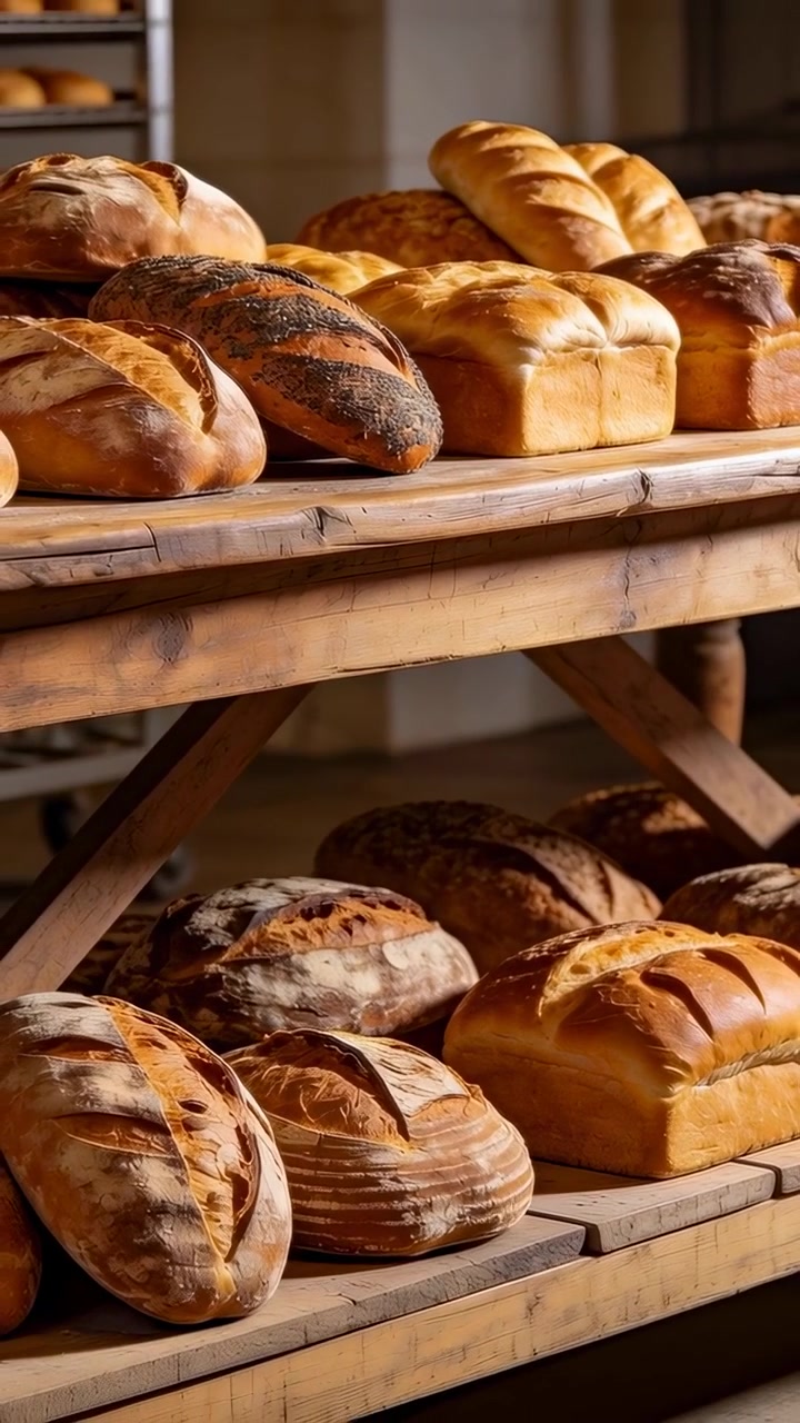 Vertical video: Framing display camera shifting, highlighting crusts on boules and loaves in bakery