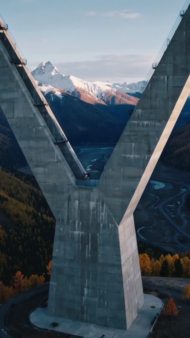Video verticale: Drone in movimento che si avvicina a una torre di cemento a forma di Y, rivelando un fiume e delle cime, inquadrando il panorama.
