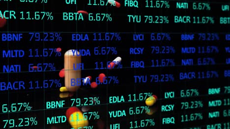 Animación-Del-Procesamiento-De-Datos-Sobre-Múltiples-Píldoras-Que-Caen-Diferentes-Sobre-El-Fondo-Negro