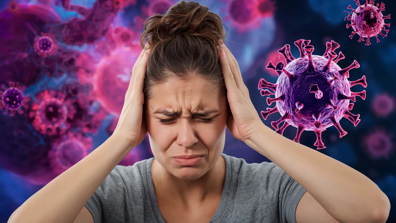 Pressing adult woman holding temples at digital purple pink virus backdrop, showing headache pain