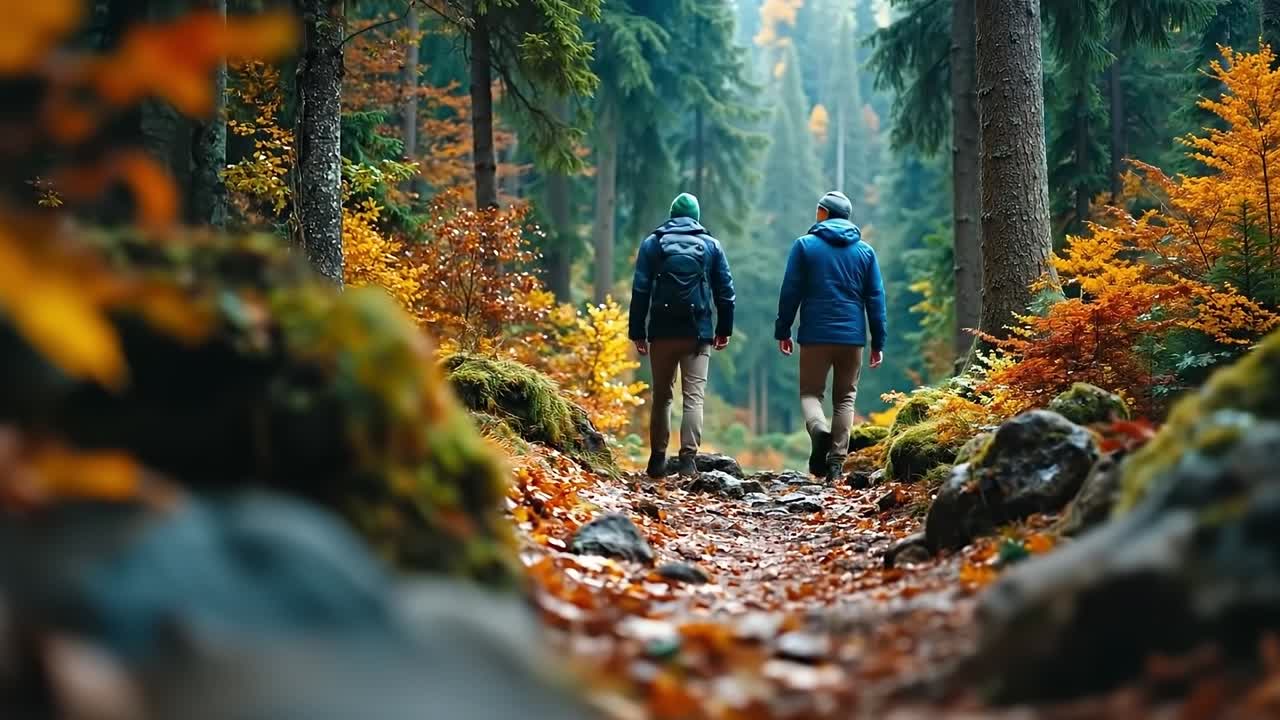Two people walking in the forest
