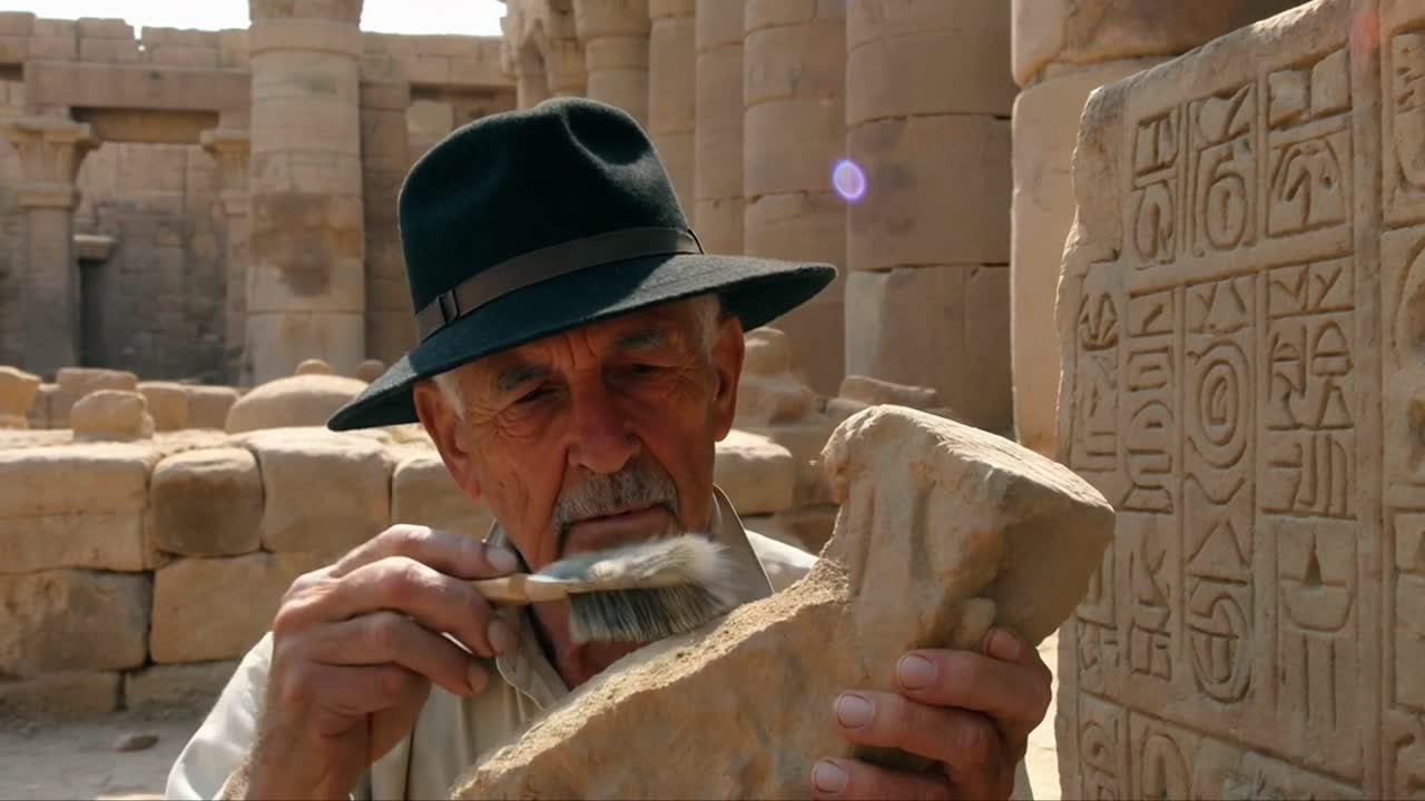 Archaeologist Cleaning Ancient Egyptian Hieroglyphs on Stone