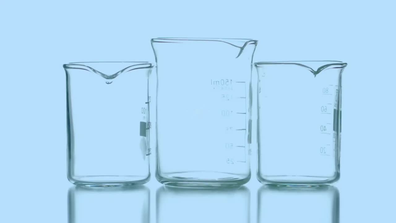 Animation of data processing over beakers with liquid on blue background
