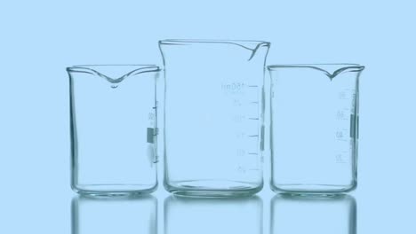 animation of data processing over beakers with liquid on blue background