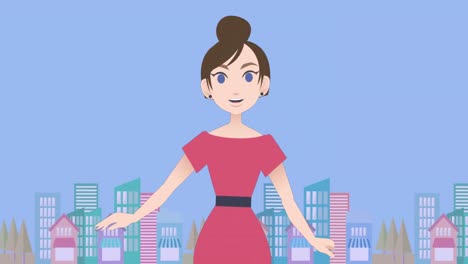 Animation-of-caucasian-businesswoman-making-presentation-over-cityscape