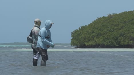 two anglers wade fishing in tropical shallow waters with mangroves in the background