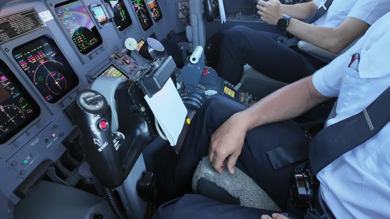 Left view inside a jet cockpit of a pilot using the hand microphone to address the passengers. 4K 60FPS