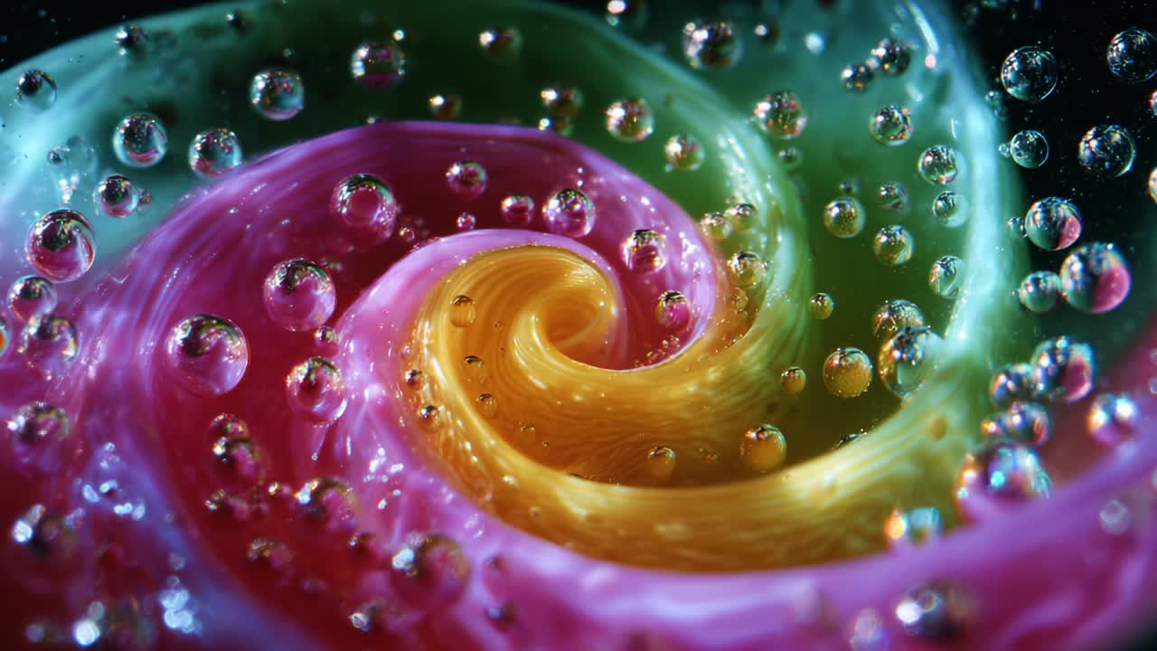 A Mesmerizing Spiral of Colorful Swirls and Bubbles Captured in Intricate Detail, Showcasing the Beauty of Movement and Texture in Fluid Dynamics with Vivid Hues That Dance and Intertwine Gracefully