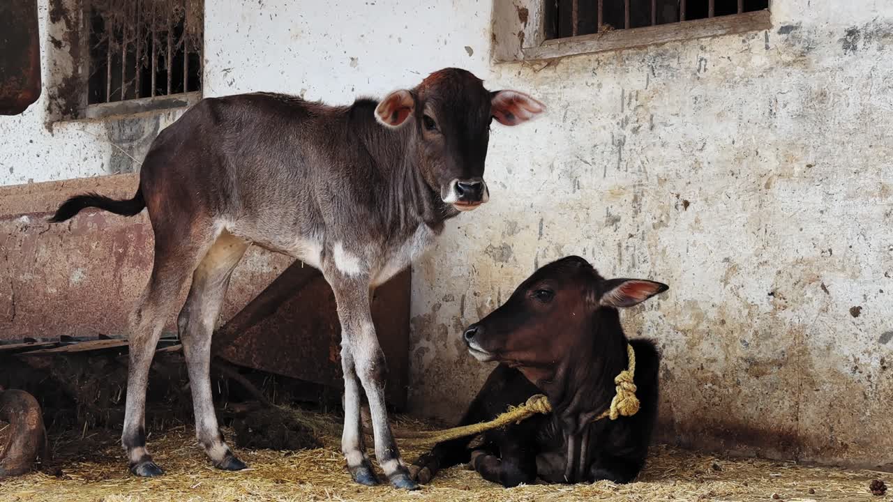 Young calf stretches its back in a cow-pose posture while another calf rests beside it inside a rustic shed with worn walls and earthy farm surroundings