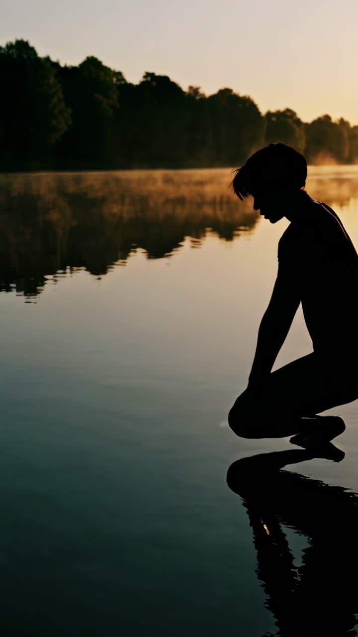 silueta de una persona junto a un lago al amanecer o al atardecer