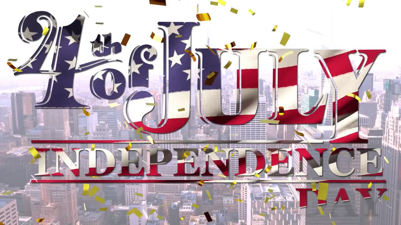 7월 4일 애니메이션: 텍스트, 콘페티, 미국 국기, 시티스케이프
