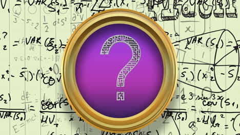 question mark symbol over purple round banner against mathematical equations on yellow background