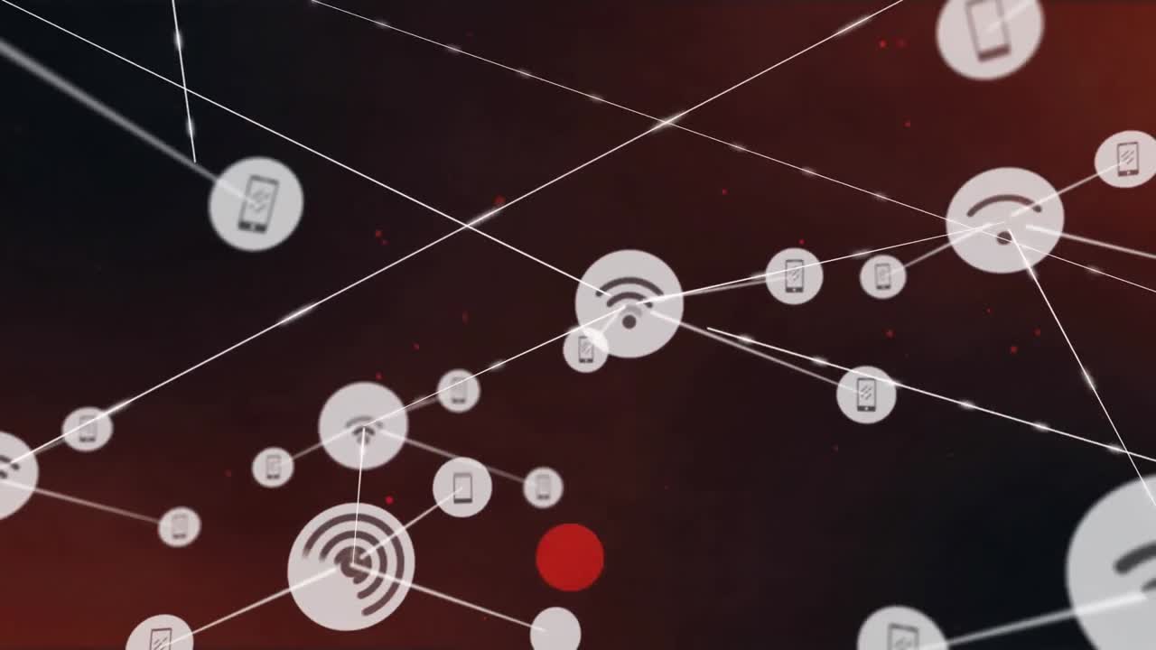 animación de la red de conexiones con iconos digitales sobre puntos rojos