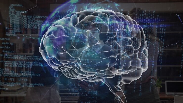 Animation of data processing and brain over diverse business people in office