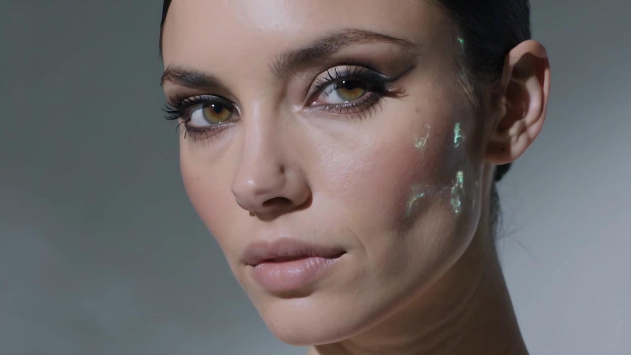 Opening eyes after camera zoom, woman model with strapless styling showing cheek glitter in studio