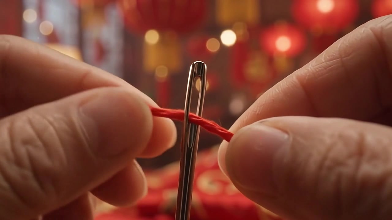 Close-up of Hands Threading a Needle with Red String