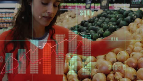 financial data and stock market animation over woman shopping for vegetables