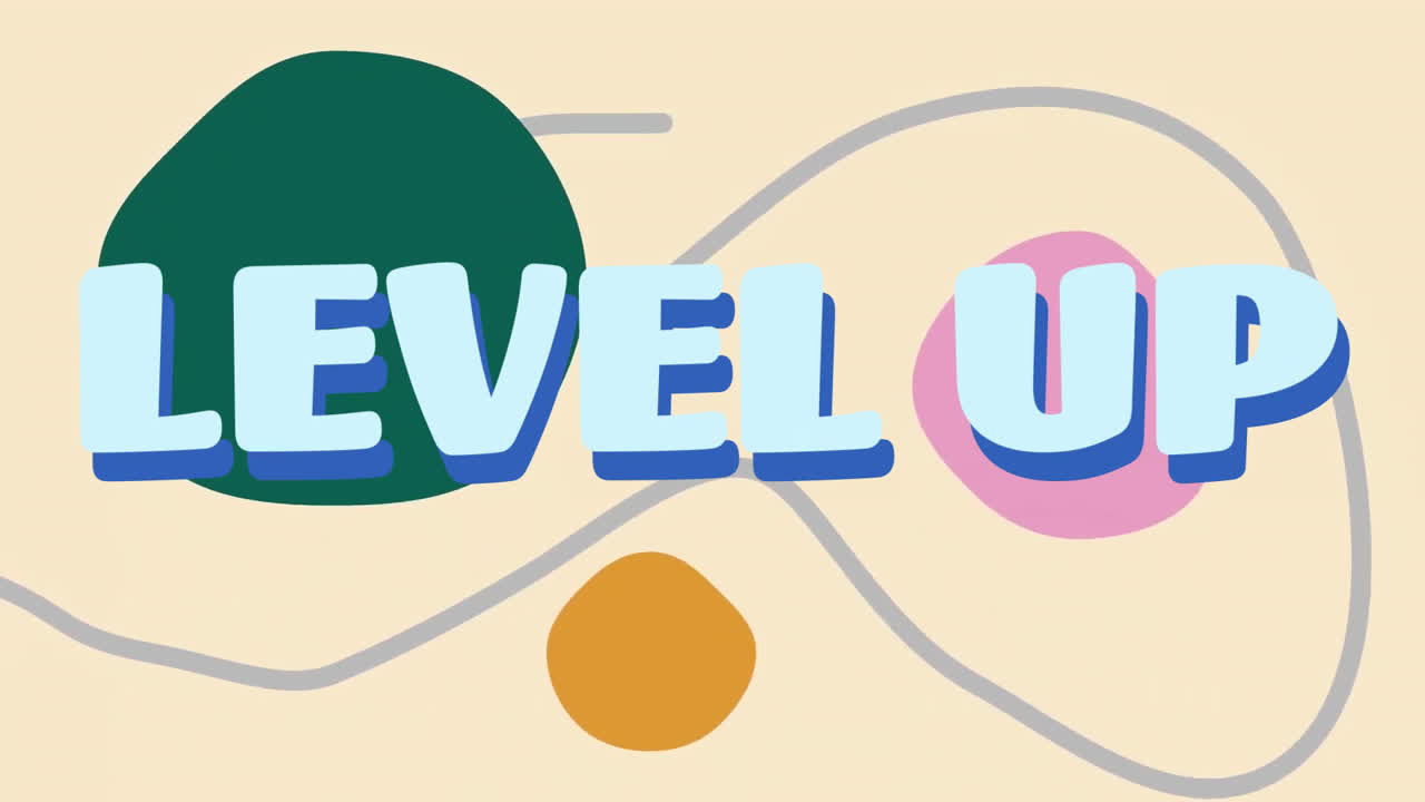 베이지색 배경의 다채로운 추상적인 모양 위에 텍스트 애니메이션을 레벨 업