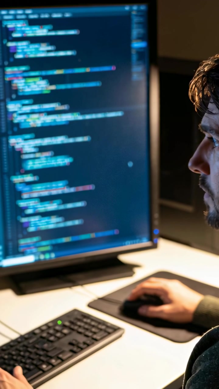 Vertical video: Reviewing coder moving mouse and typing at desk with vertical monitor, copy space