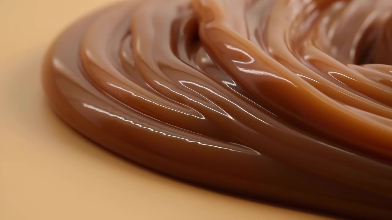 Primer plano de crema brillante de color caramelo arremolinándose en suaves pliegues sobre una superficie beige cálida, con ricos reflejos, desenfoque suave, fondo minimalista y una sensación de lujo apetitosa.