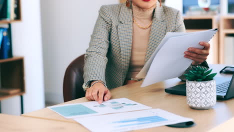 office, documents and analysis of woman hands