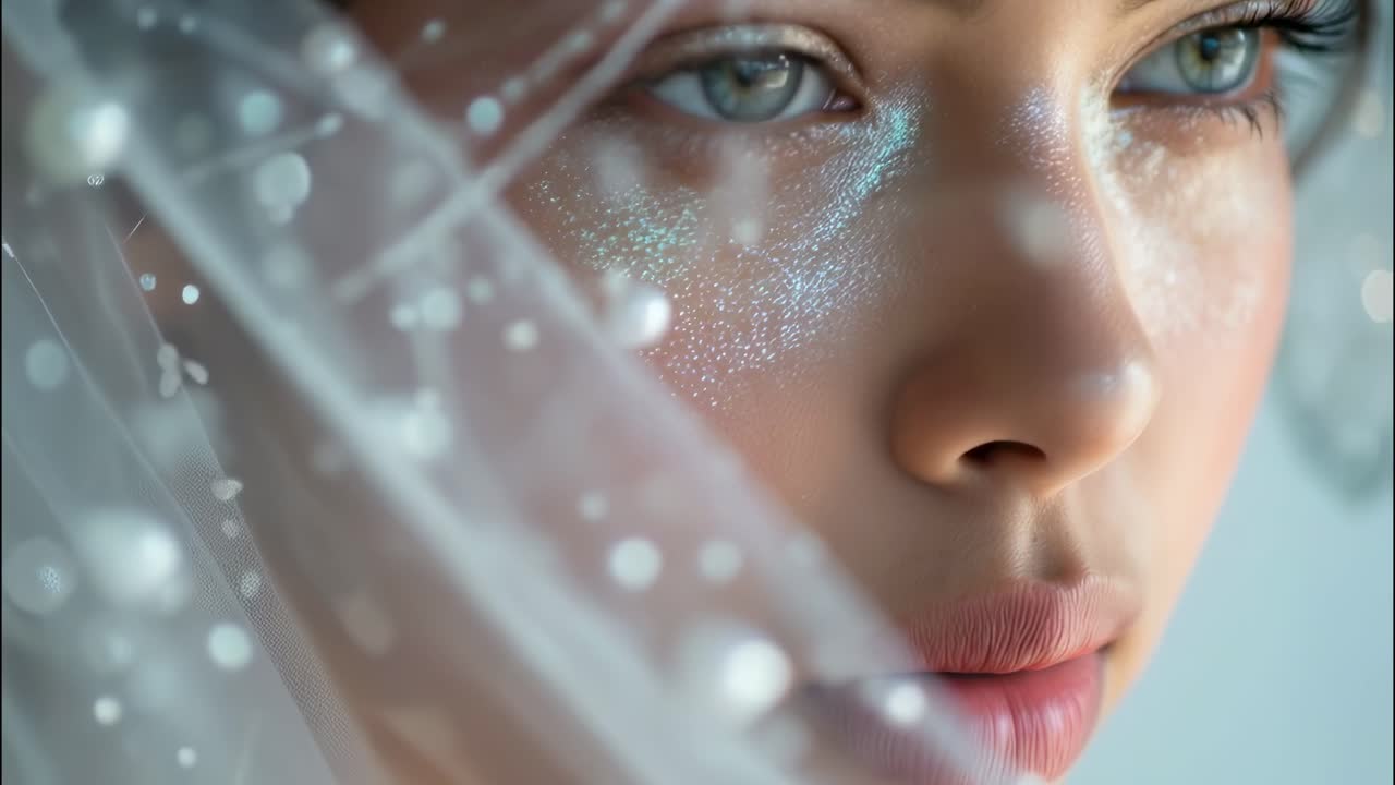 Close up of a stunning model adorned with artistic glitter makeup, posing gracefully behind a delicate veil, evoking a dreamy and ethereal atmosphere filled with glamour