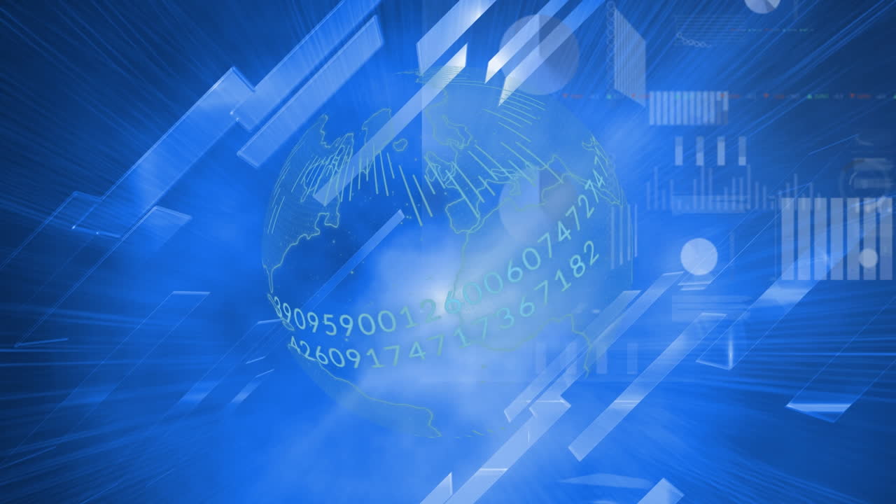 파란색 배경에 대한 데이터 처리와 디지털 인터페이스를 통해 회전하는 지구와 사각형 모양