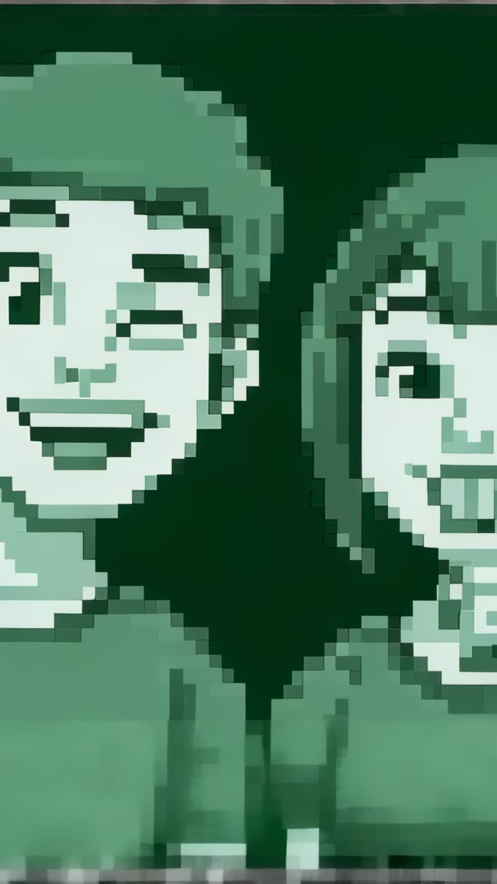 Video verticale: cambio di inquadratura, duo a 8 bit in camicia che ammiccano, sorridono e posano su sfondo verde con scanline