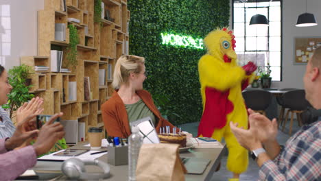 dance, applause and business people with chicken