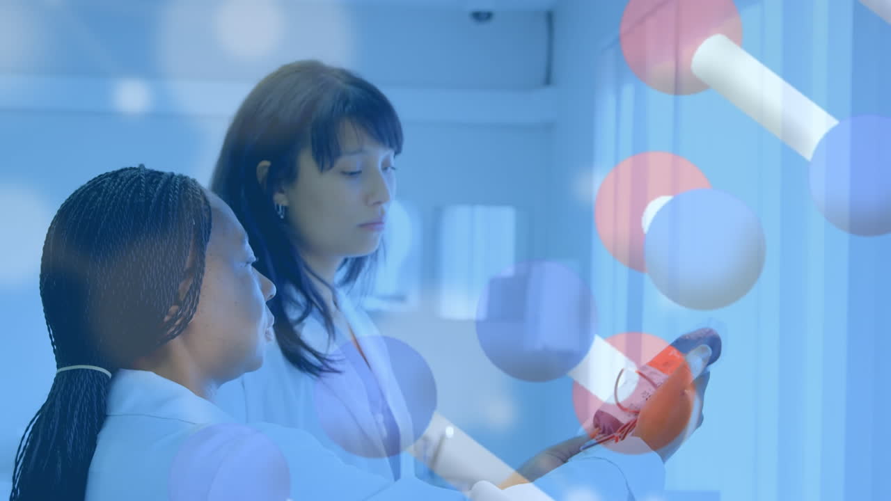 혈액 봉지를 가진 다양한 여성 의사에 대한 dna 스트랜드의 애니메이션