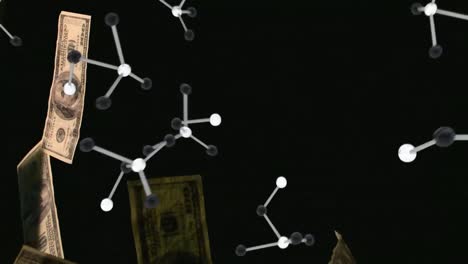 animation of american dollar bills and chemical elements floating.