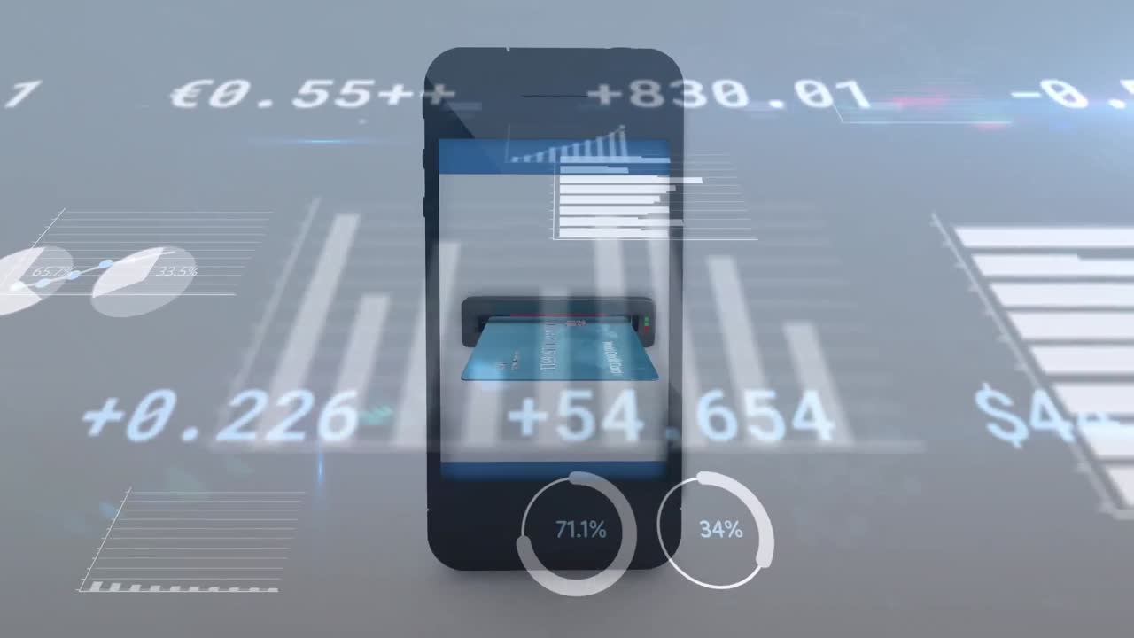 animazione dell'elaborazione dei dati finanziari tramite inserimento della carta di credito nello smartphone