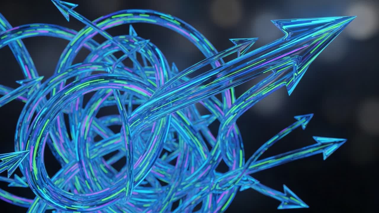 Dynamic Abstract Graphics with Spiraling Arrows Representing Motion and Direction in a Vivid Digital Art Style