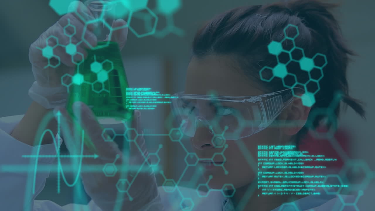 Animation of molecules and data processing over caucasian scientist in lab