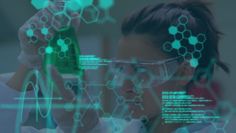 animación de moléculas y procesamiento de datos sobre científico caucásico en el laboratorio