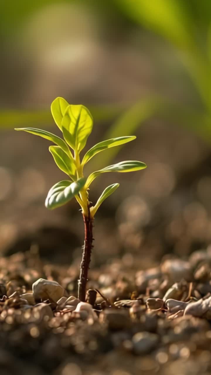 Vertical video: Seedling emerging and unfurling leaves under warm sunlight on soil bed with pebbles