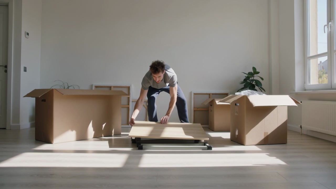 Reaching into box man in grey T-shirt lifting, aligning panel onto low rails in flat assembling