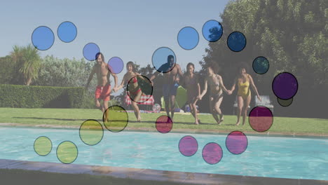 jumping into pool, people with colorful circle animation overlay, having fun