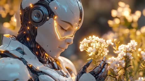 robot admiring flowers in nature