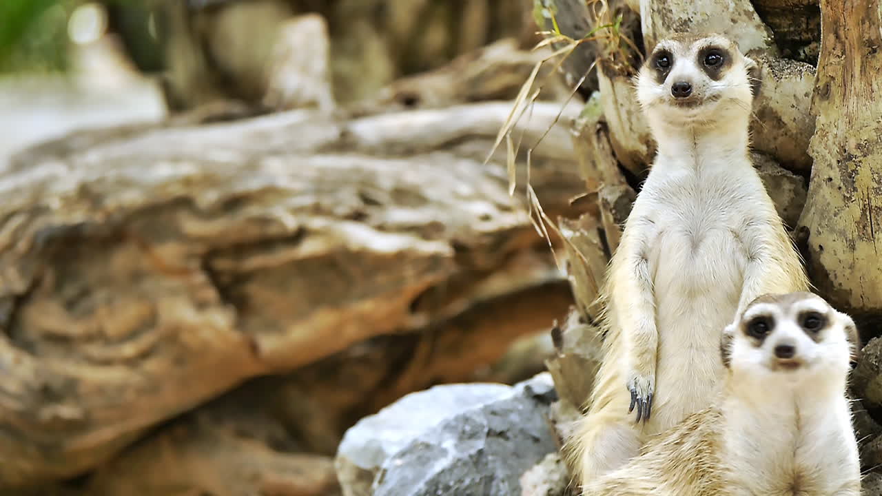 Meerkats in an open zoo in Thailand displaying natural behavior, standing upright, foraging, and interacting in a sandy, rocky habitat surrounded by logs and natural features
