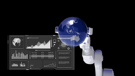 Animación-Del-Procesamiento-De-Datos-Sobre-El-Brazo-Del-Robot-Que-Sostiene-El-Globo-Sobre-Fondo-Negro