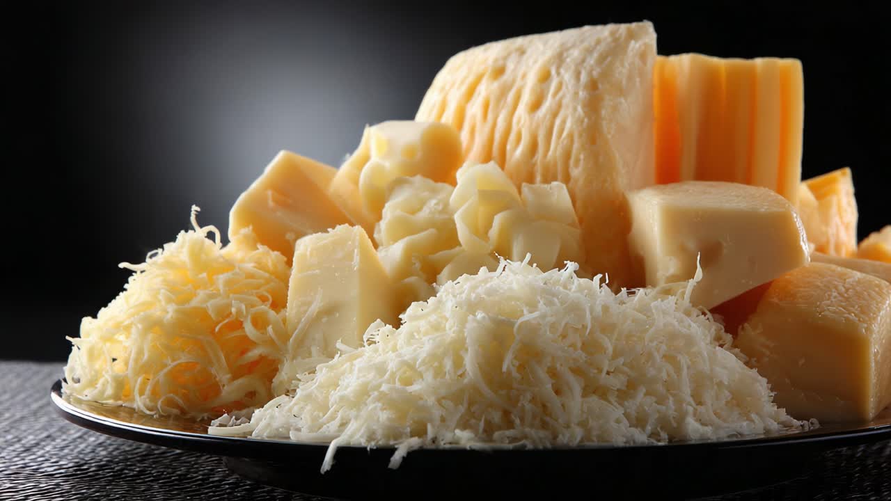 A Delicious Array of Cheeses: A Visual Feast Featuring a Platter of Varied Cheese Types with Unique Textures, Colors, and Shapes Served on a Dark Background