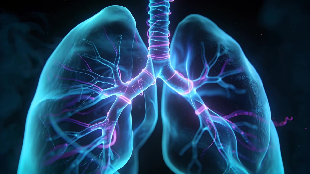 Pulsing lungs responding to trachea pulse expanding to show breathing in space with neon bronchi